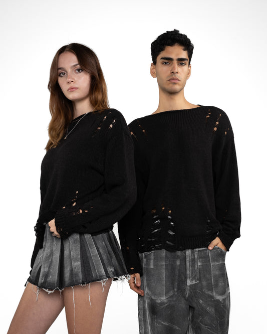 STATEMENT Distressed Knit Sweater Black