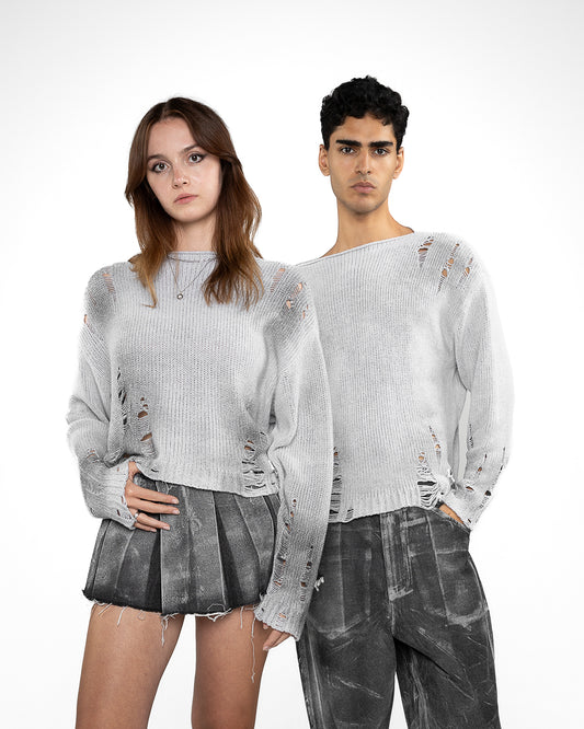 STATEMENT Distressed Knit Sweater Sprayed Grey