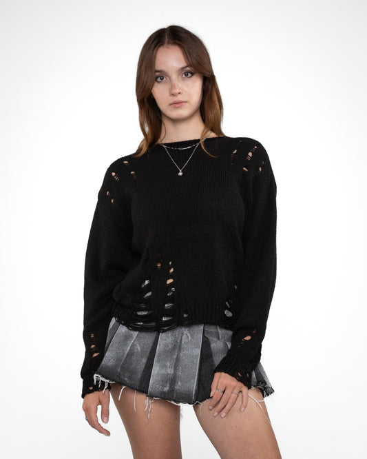 STATEMENT Distressed Knit Sweater Black