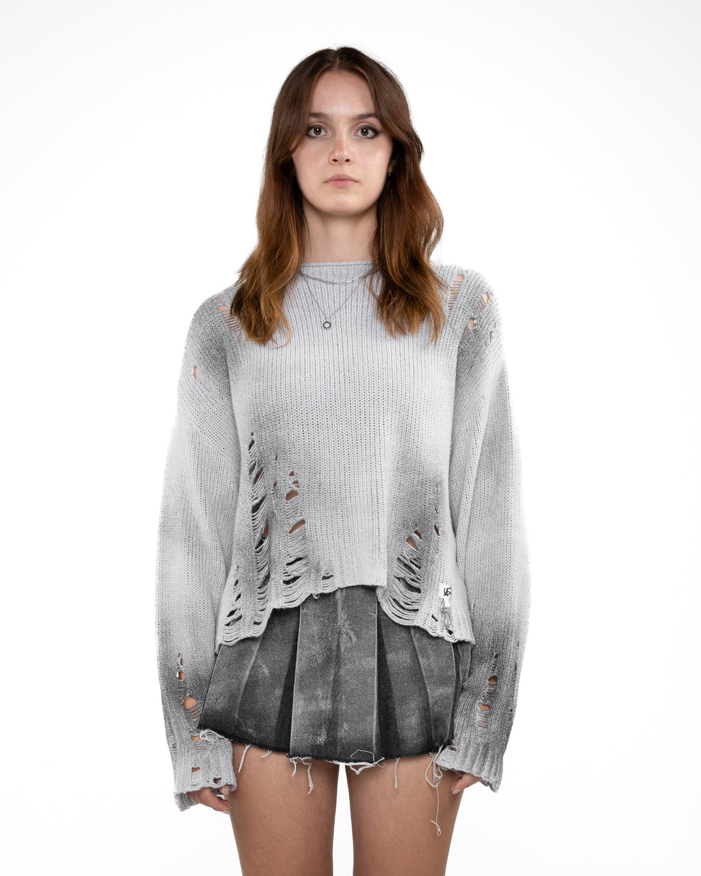 STATEMENT Distressed Knit Sweater Sprayed Grey
