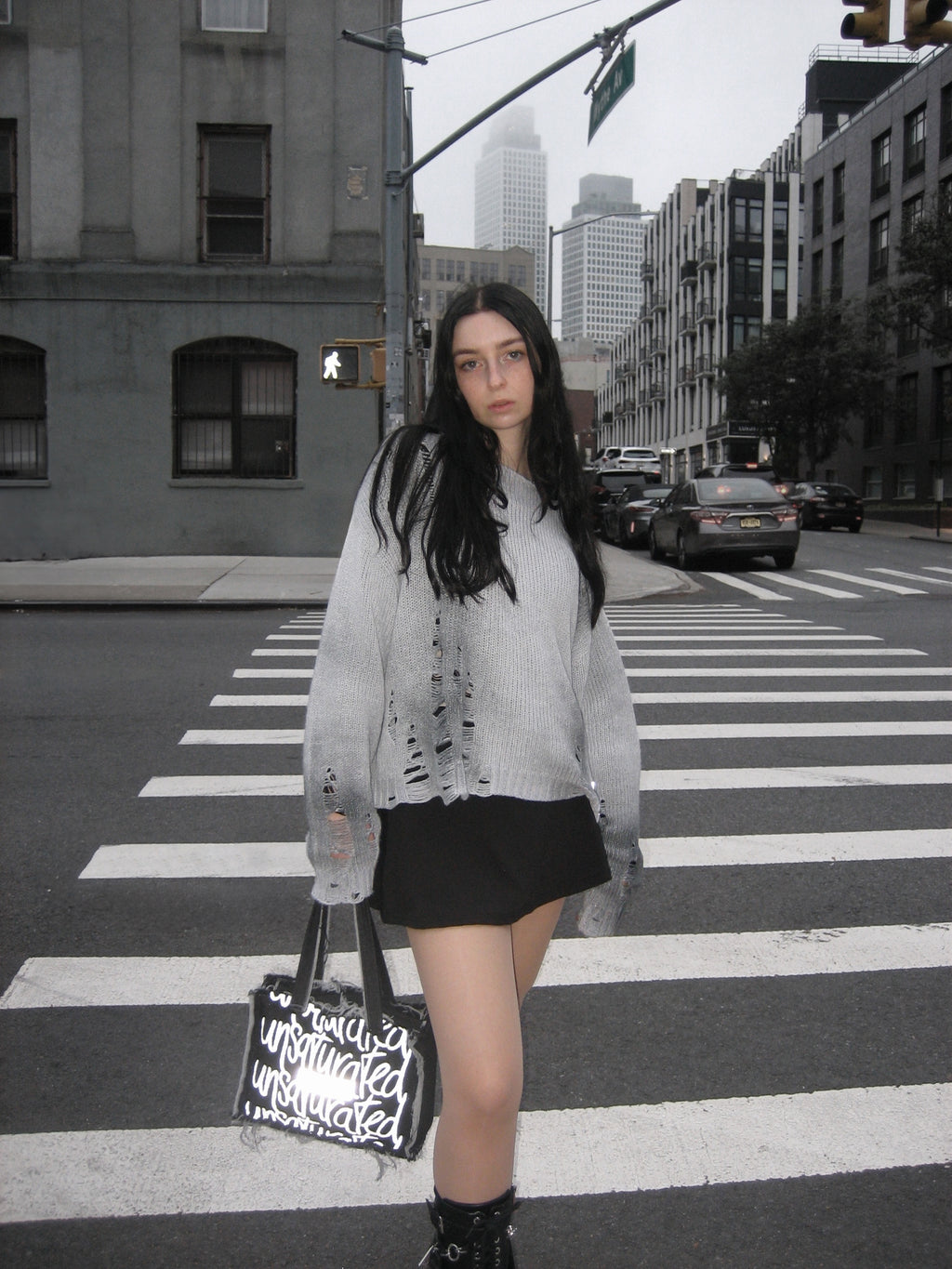 STATEMENT Distressed Knit Sweater Sprayed Grey